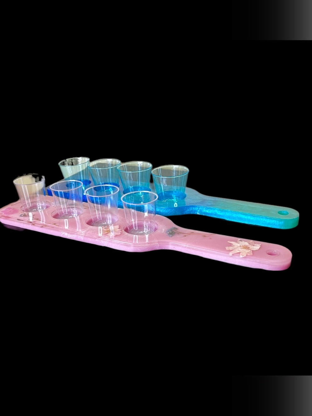 Shot Paddle Handmade Pink or 2-Tone Blue with Plastic Disposable Shot Glasses. - Picture 2 of 4